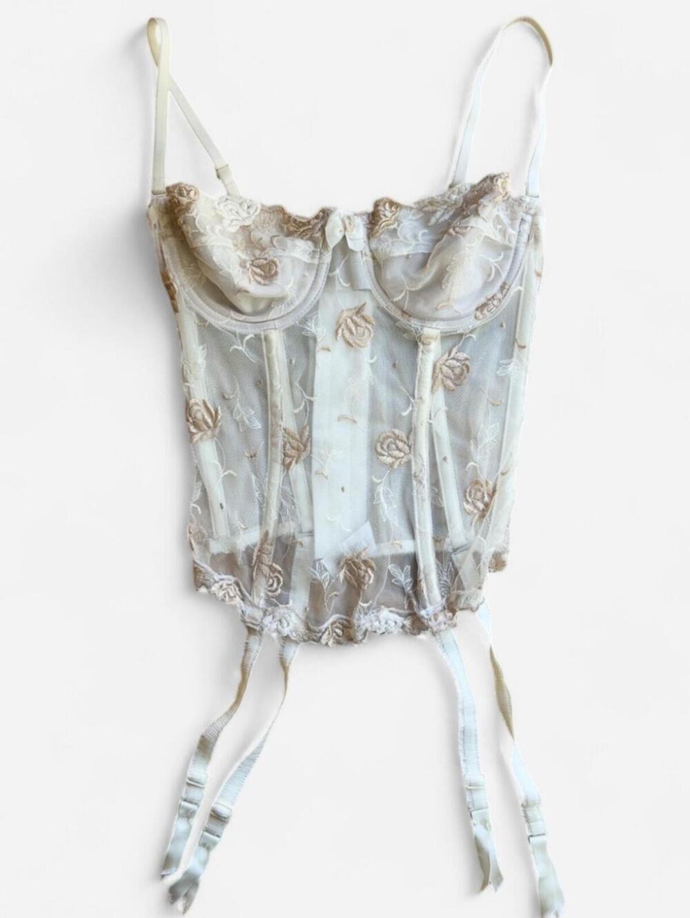 Private Luxuries Vintage 80s/90s Mesh Corset with Gold Rose Embroidered Detail